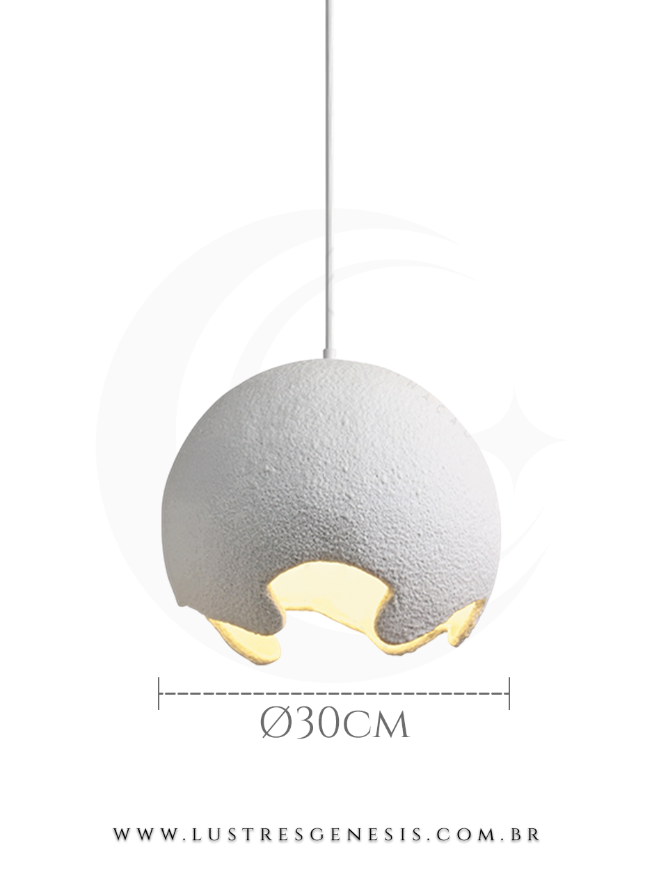Pendente moderno de resina branco Dino com 30cm de diâmetro, ideal para mesa de cabeceira, bancada de cozinha ou lavabo, design exclusivo Sindora.